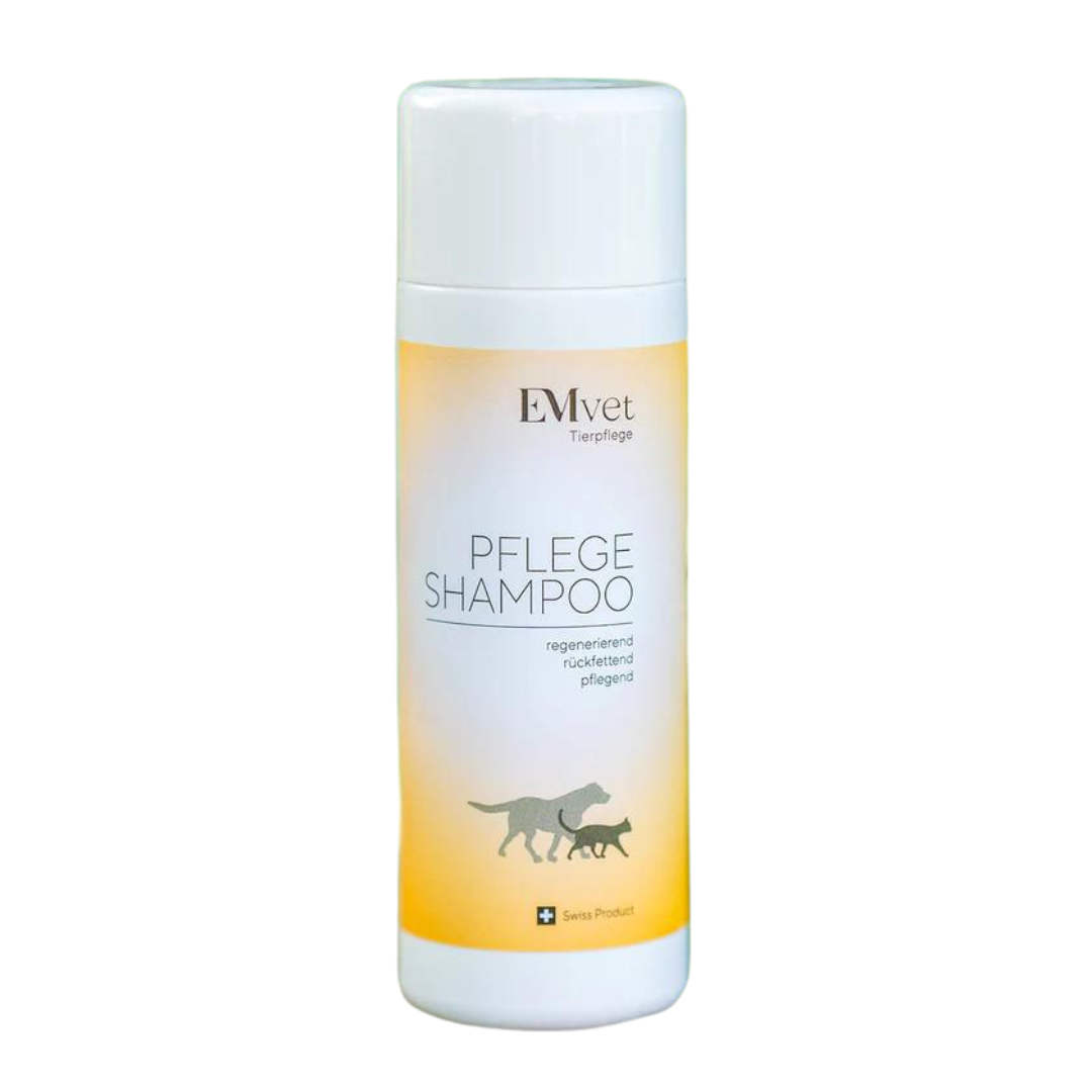 Flasche mit EMvet Pflege Shampoo, 200 ml. Weißer Kunststoffbehälter mit gelbem Farbverlauf, abgebildete Hunde-Silhouette und Text 'PFLEGE SHAMPOO'.