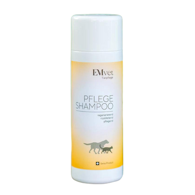 Flasche mit EMvet Pflege Shampoo, 200 ml. Weißer Kunststoffbehälter mit gelbem Farbverlauf, abgebildete Hunde-Silhouette und Text 'PFLEGE SHAMPOO'.