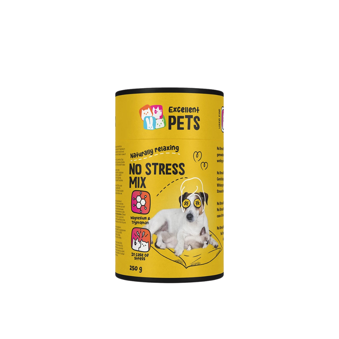 Runde Dose mit gelbem Etikett, beschriftet mit 'Excellent PETS', 'NO STRESS MIX' und '250 g'. Abgebildeter Hund auf einem Kissen.