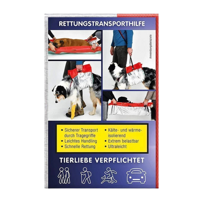 Infografik zur Rettungstransporthilfe mit Bildern von Hunden in einer Rettungsdecke. Text: Sicherer Transport durch Tragegriffe, Leichtes Handling, Schnelle Rettung, Kälte- und wärmeisoliert, Extrem belastbar, Ultraleicht.