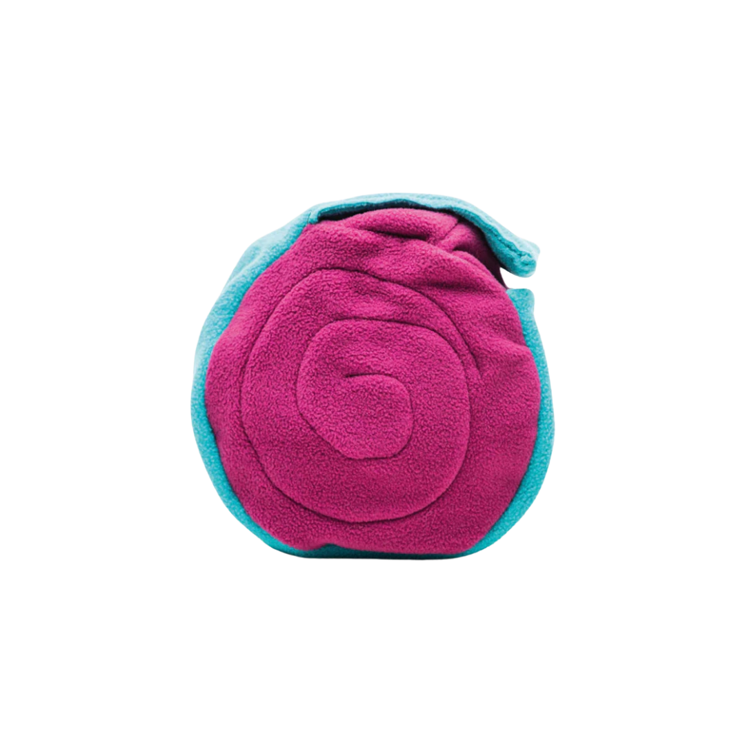 Blaue und rosafarbene Futterrolle. Man kann sie oben öffnen.