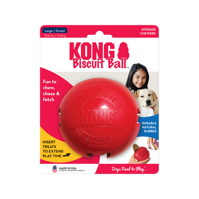 Roter KONG Biscuit Ball für Hunde, Größe Large, aus natürlichem Gummi. Verpackung zeigt den Ball und einen Hund. Text: 'Dogs Need to Play'.