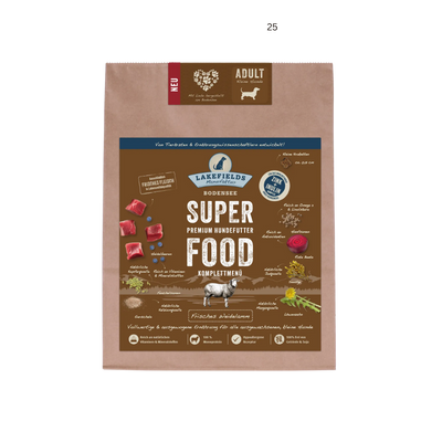 Verpackung von Lakefields Superfood für Hunde, 1 kg. Braune Tüte mit Bildern von Weidelamm, Kräutern und dem Text 'NEU' und 'MINI Adult'.