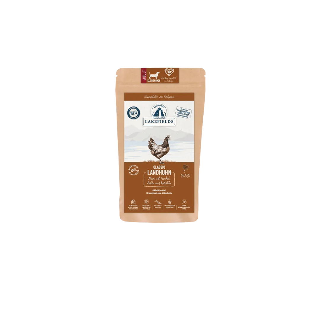 Braunes Lakefields Hundefutterpaket mit Hühnerillustration und Text 'Classic Landhuhn' für kleine Rassen.