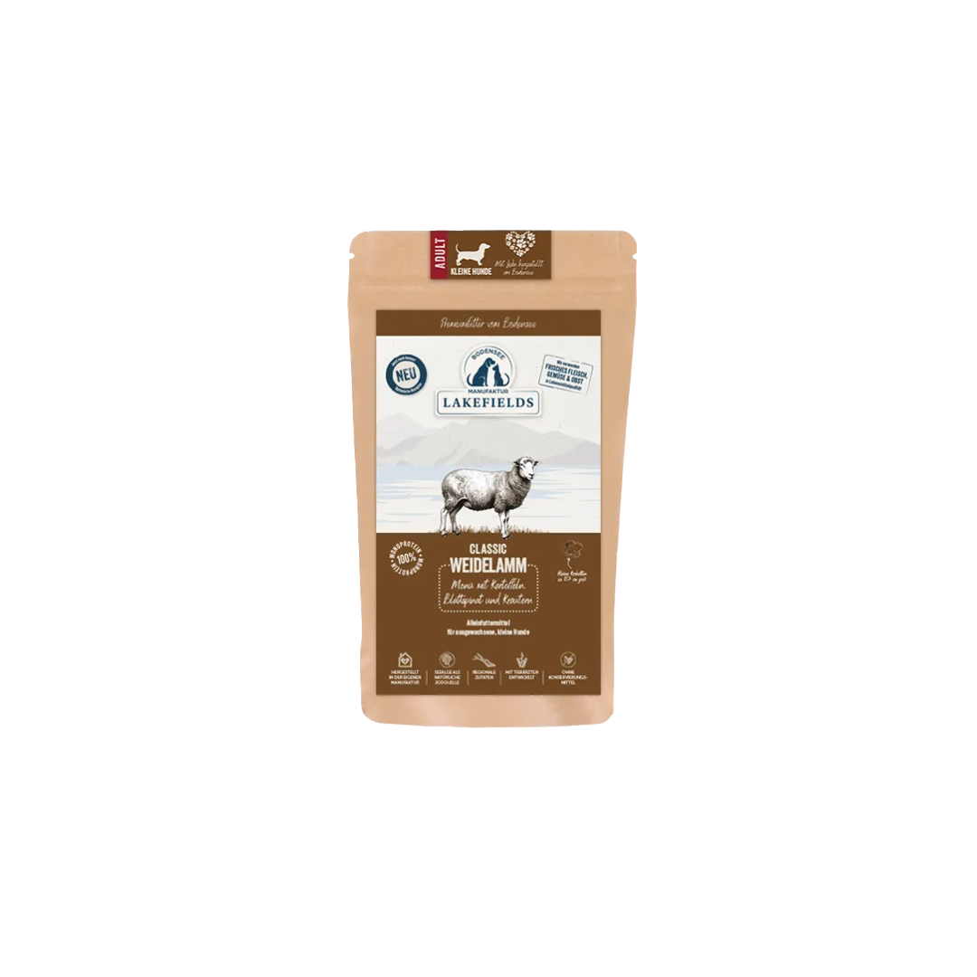 Braunes Lakefields Hundefutterpaket mit Lammillustration und Text 'Classic Weidelamm' für kleine Rassen.