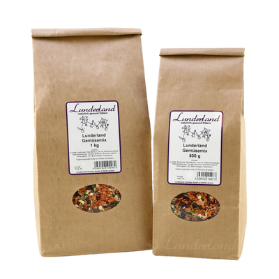 Zwei braune Papiertüten mit Futter. Links die größere Tüte mit 'Lunderland Gemüsemix 1 kg', rechts die kleinere mit 'Lunderland Gemüsemix 500 g'.