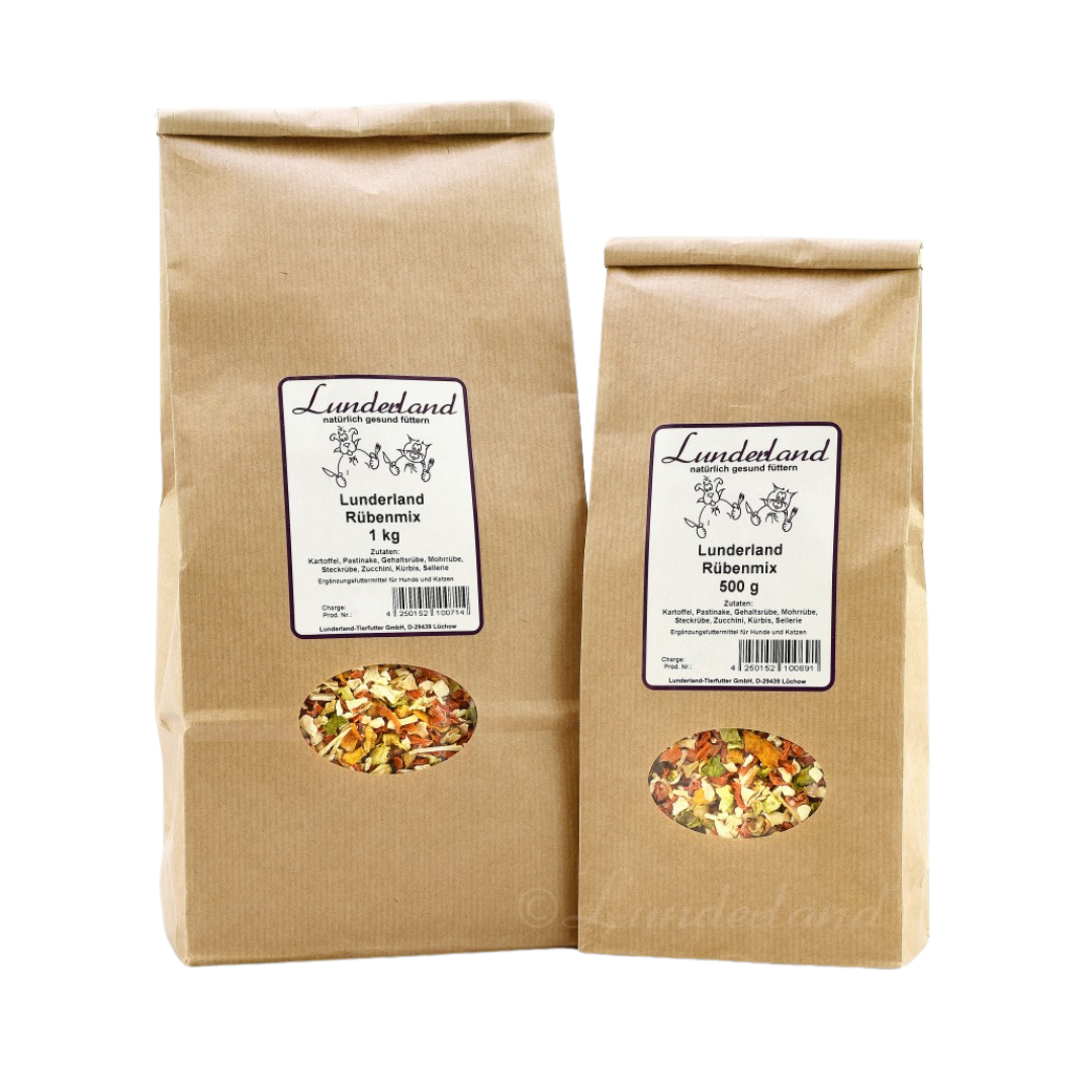 Zwei braune Papiertüten mit Futter. Links die größere Tüte mit 'Lunderland Rübenmix 1 kg', rechts die kleinere mit 'Lunderland Rübenmix 500 g'.