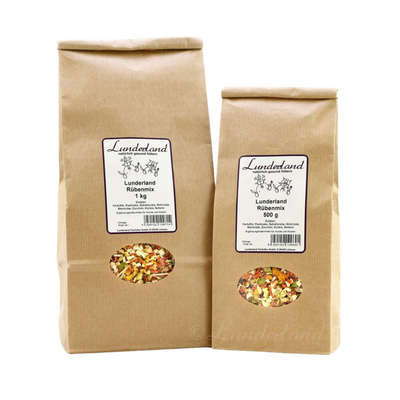 Zwei braune Papiertüten mit Futter. Links die größere Tüte mit 'Lunderland Rübenmix 1 kg', rechts die kleinere mit 'Lunderland Rübenmix 500 g'.