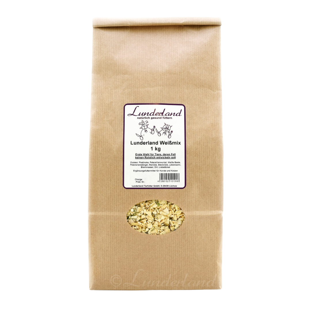 Eine braune Papiertüte mit Futter. Tüte mit 'Lunderland Weißmix 1kg'