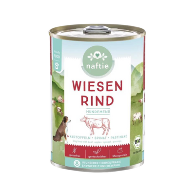 Dose mit Bio-Hundefutter von naftie, 400g, mit Abbildung eines Hundes und Landschaft im Hintergrund. Aufschrift: 'WIESEN RIND HUNDEMENÜ.