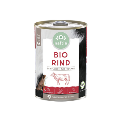 Dose mit Bio-Hundefutter von naftie, 400g, mit Abbildung eines Hundes und Rind. Aufschrift: 'BIO RIND Reinfleisch zum mischen.