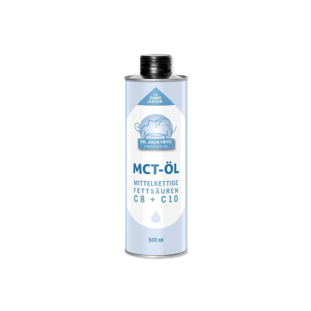 Eine 500 ml Flasche MCT-Öl mit einem silbernen Deckel. Auf dem Etikett steht 'MCT-ÖL', 'MITTELKETTIGE FETTSÄUREN C8 + C10' und '500 ml'