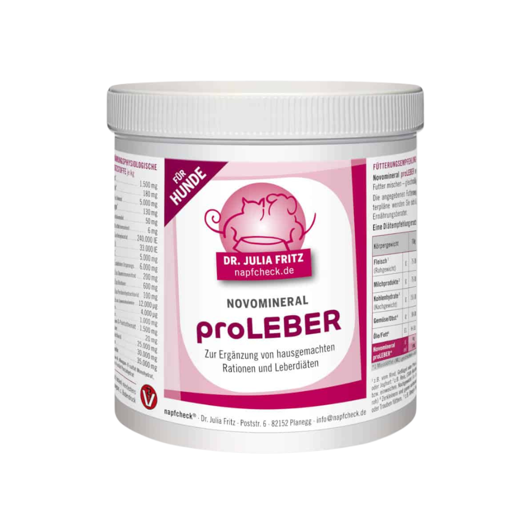 Runddose mit 500g Nahrungsergänzung für Hunde. Auf dem Etikett steht 'Dr. Julia Fritz', 'napfcheck.de', 'Novomineral', 'PorLeber'.