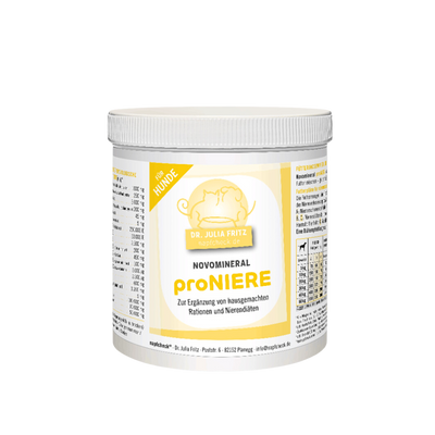 Runddose mit 500g Nahrungsergänzung für Hunde. Auf dem Etikett steht 'Dr. Julia Fritz', 'napfcheck.de', 'Novomineral', 'proNiere'.