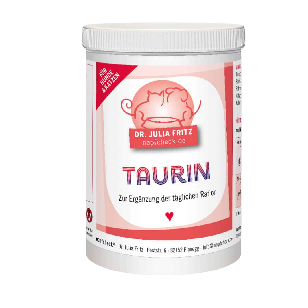Runddose mit 500g Nahrungsergänzung für Hunde und Katzen. Auf dem Etikett steht 'Dr. Julia Fritz', 'napfcheck.de', 'Novomineral', 'Taurin'.