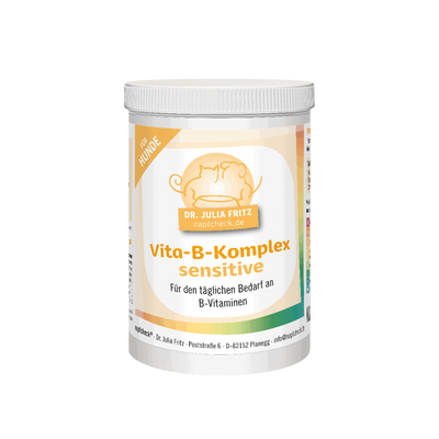 Runddose mit 180g Nahrungsergänzung für Hunde. Auf dem Etikett steht 'Dr. Julia Fritz', 'napfcheck.de', Vita-B-Komplex, sensitive