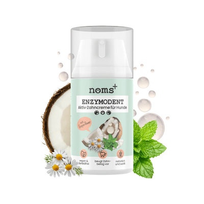 Verpackung von 'noms+' Enzymodent, einer Aktiv-Zahncreme für Hunde in einer 75ml Flasche. Abgebildet sind Kokosnüsse, Kamille und Minze.