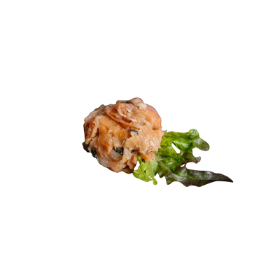 Stück roher Lachs auf weißem Untergrund mit grünem Salatblatt