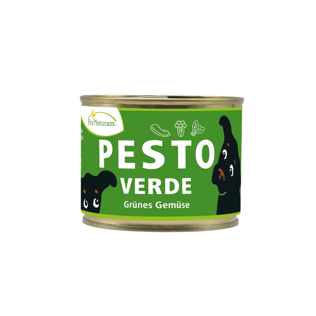 Dose mit grünem Etikett und der Aufschrift 'PESTO VERDE Grünes Gemüse' sowie zwei stilisierten schwarzen Hundeköpfen
