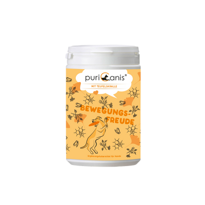 Weißer Behälter mit orangefarbenem Etikett, darauf eine zeichnerische Darstellung eines springenden Hundes und die Schrift 'puriCanis MIT TEUFELSKRALLE BEWEGUNGSFREUDE'