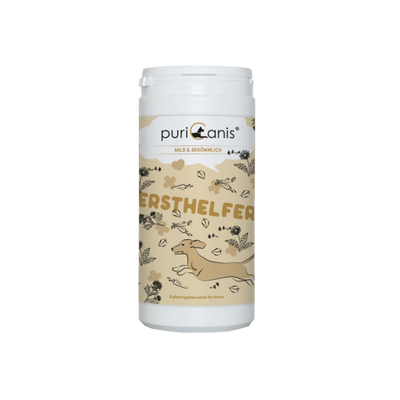 Weißer Kunststoffbehälter mit Deckel und beige-braunem Etikett, darauf stilisierte Pflanzen und ein laufender Hund, Schriftzug 'puriCanis' und 'ERSTHELFER'