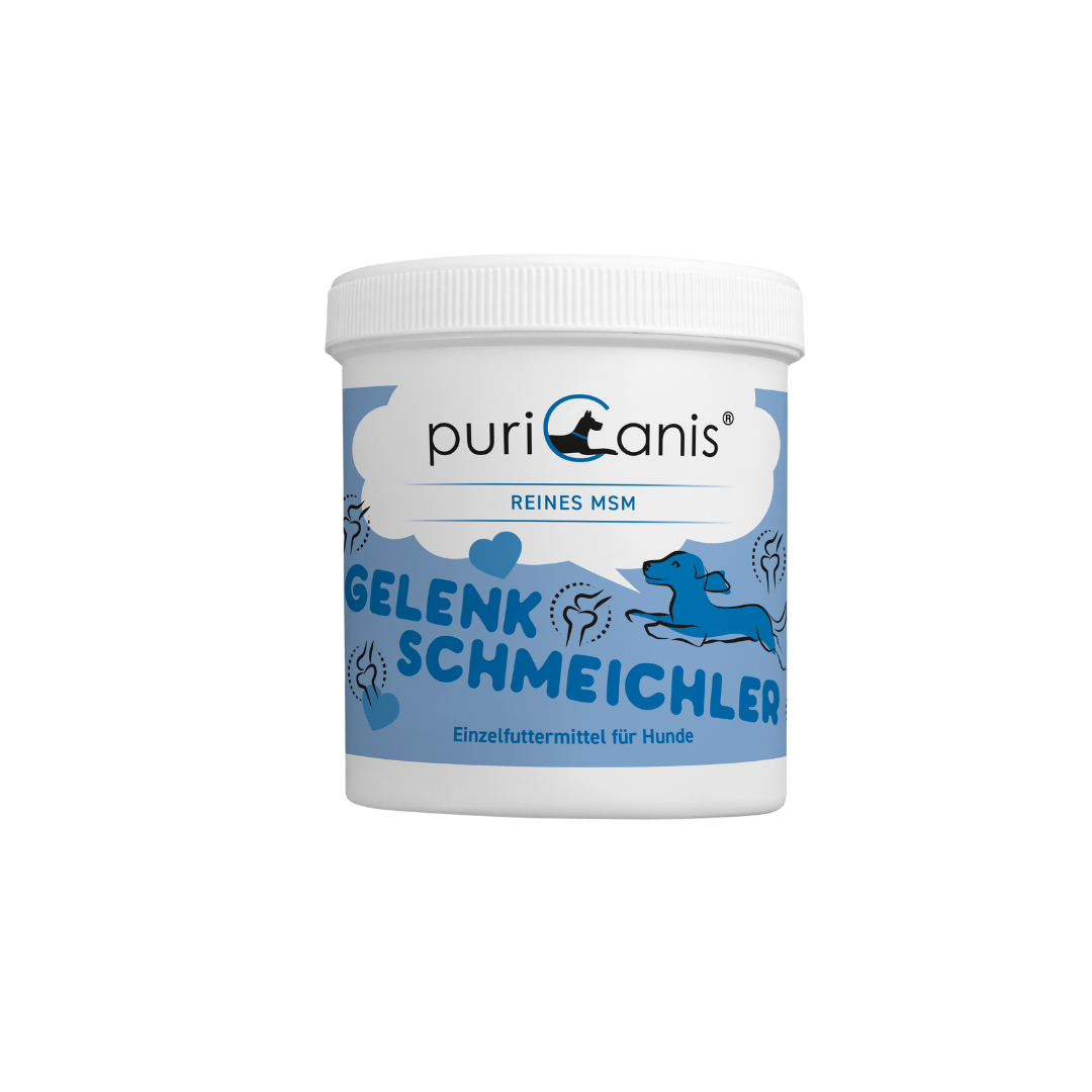 Weißer Behälter mit blauem Etikett, Aufschrift 'puriCanis', 'REINES MSM', 'GELENKSCHMEICHLER', 'Einzelfuttermittel für Hunde', mit Hundesilhouetten und Gelenksymbolen.