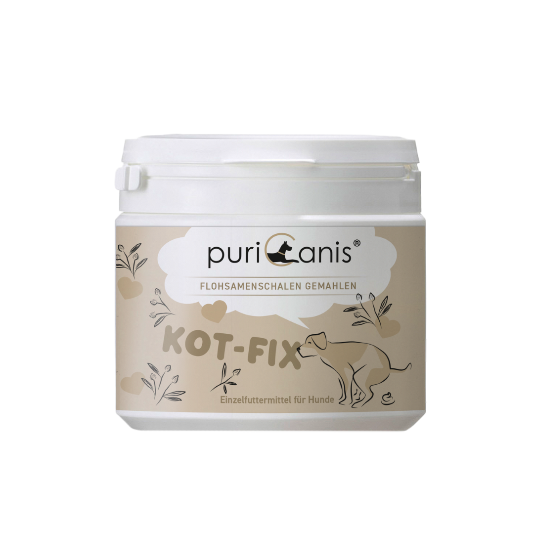 Weißer Behälter mit Aufschrift 'puri canis FLOHSAMENSCHALEN GEMAHLEN KOT-FIX Einzelfuttermittel für Hunde' und Zeichnung eines Hundes, der schnüffelt.