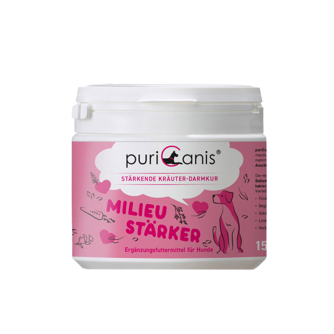 Weißer Behälter mit Aufschrift 'puricanis', 'Stärkende Kräuter-Darmkur', 'Milieustärker', Ergänzungsfuttermittel für Hunde, rosa Dekor mit Hundesilhouette und Pflanzenmotiven