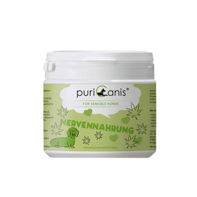Weißer Kunststoffbehälter mit grünem Etikett und Aufschrift 'puriCanis FÜR SENSIBLE HUNDE NERVENNAHRUNG' sowie einer grünen Hundesilhouette und stilisierten Blättern