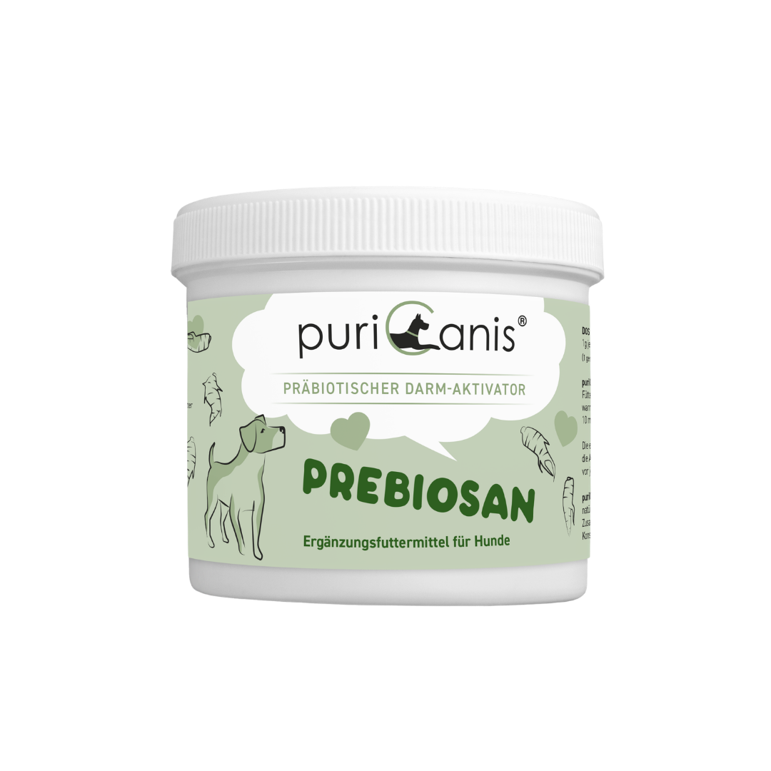 Dose mit grünem Etikett und Aufschrift 'puriCanis PRÄBIOTISCHER DARM-AKTIVATOR PREBIOSAN Ergänzungsfuttermittel für Hunde' mit Hundesilhouette und Fischzeichnungen