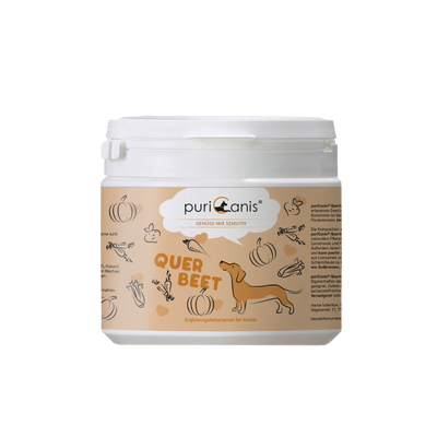 Weißer Kunststoffbehälter mit beigefarbenem Etikett, darauf das Logo puriCanis, ein orangenen Hund, Kürbisse, Karotten und die Aufschrift 'QUER BEET'.