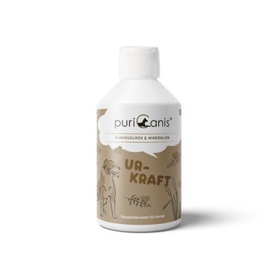 Weiße Flasche mit braunem Etikett, Aufschrift 'puriCanis UR-KRAFT', Hundesilhouette und Pflanzenillustrationen, Einzelfuttermittel für Hunde.