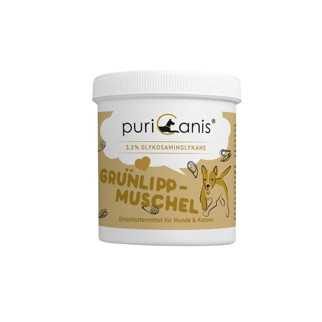 Weißer Behälter mit Aufschrift 'puri canis', '3,3% Glykosaminglykane', 'Grünlippmuschel', Illustration eines laufenden Hundes, Einzel futtermittel für Hunde und Katzen.