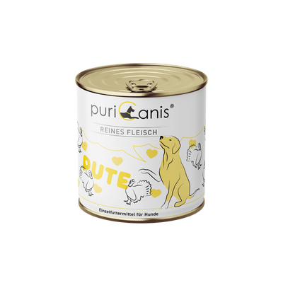 Dose mit Hundefutter der Marke puricanis, Aufschrift 'Reines Fleisch Pute', Illustration eines sitzenden Hundes und mehrerer Puten, Text 'Einzelfuttermittel für Hunde'
