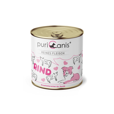 Dose mit Hundefutter der Marke puricanis, Aufschrift 'Reines Fleisch Rind', Illustration eines sitzenden Hundes und mehrerer Rinder, Text 'Einzelfuttermittel für Hunde'