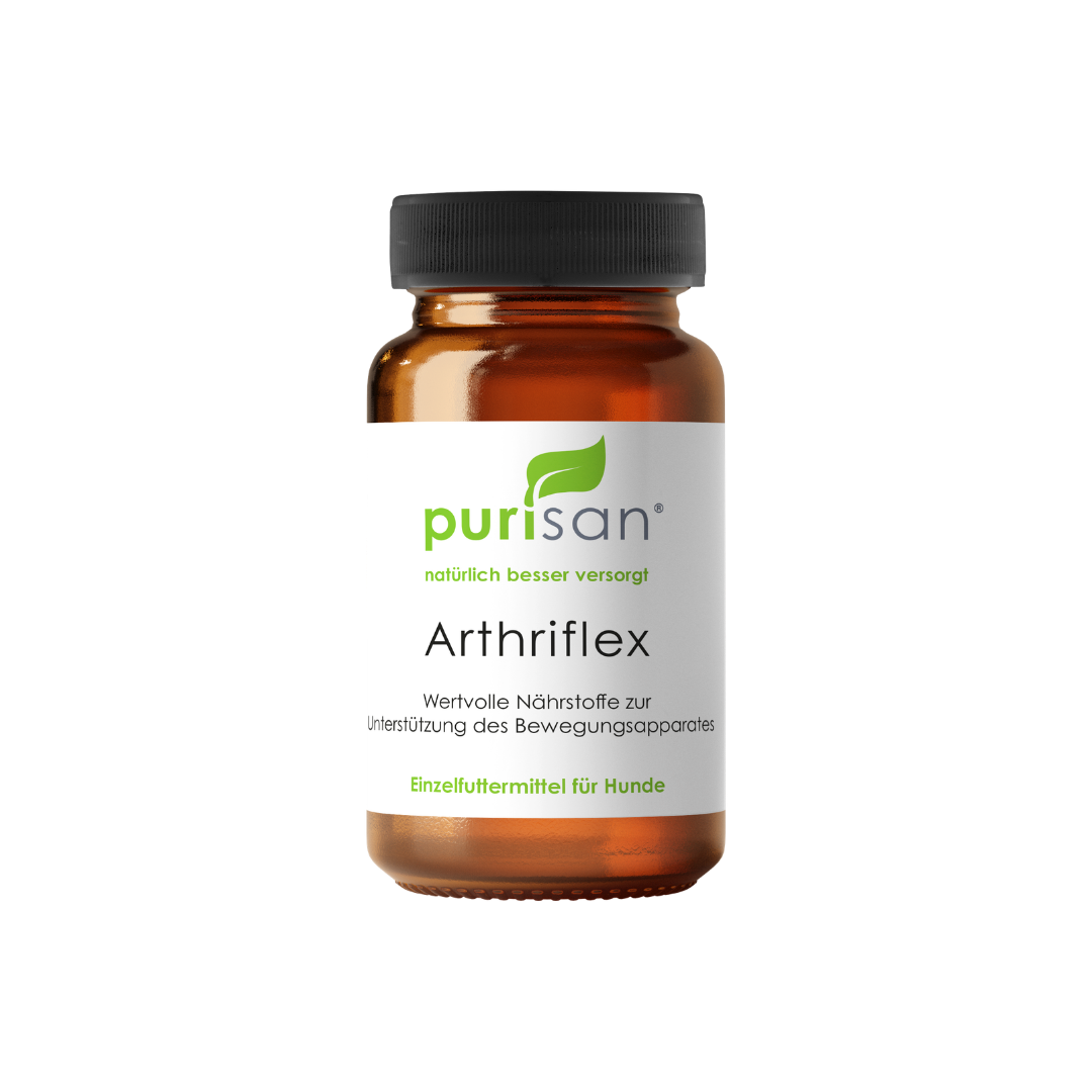 Braune Kunststoffdose mit schwarzem Schraubverschluss und weißem Etikett mit grünem Logo und Text zu Arthriflex als Ergänzungsfuttermittel für Hunde