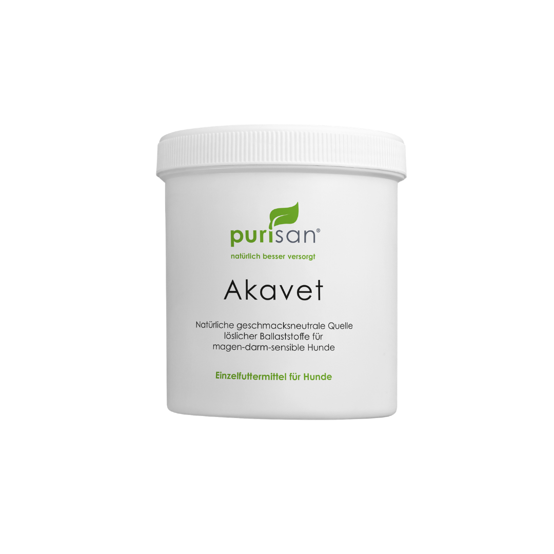 Weißer Kunststoffbecher mit Schraubdeckel und grünem purisan-Logo sowie der Aufschrift 'Akavet' und Produktbeschreibung für Hunde