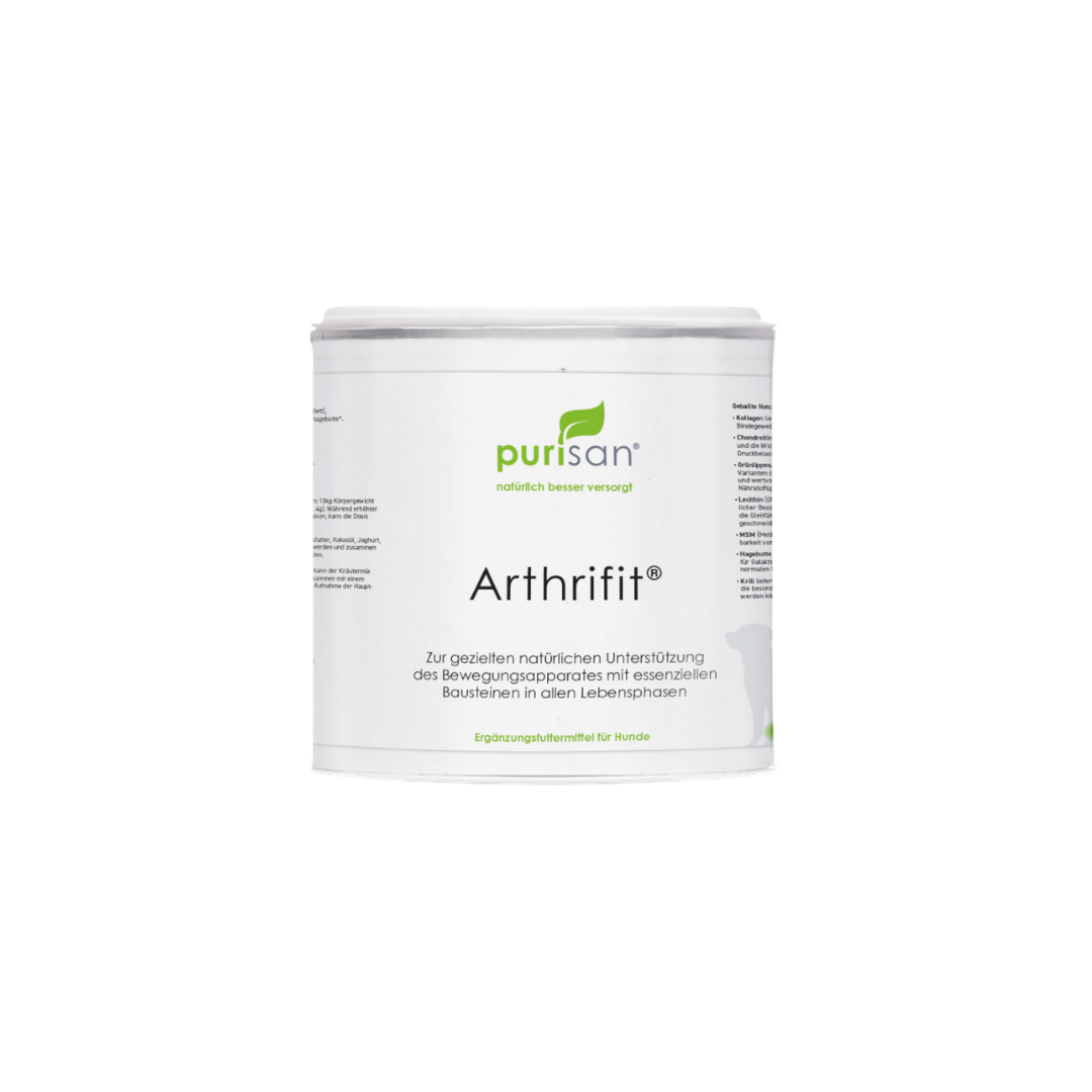 Weißer Behälter mit grünem Logo und der Aufschrift 'purisan Arthrifit' als Ergänzungsfuttermittel für Hunde