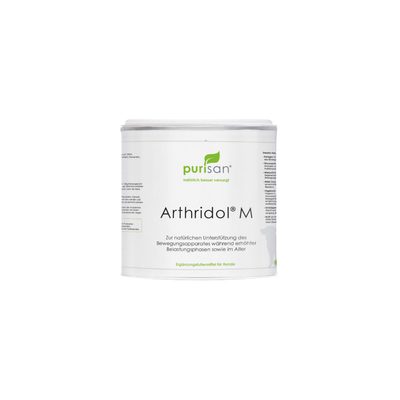 Weiße Dose mit grünem Logo und schwarzem Text "purisan Arthridol M"