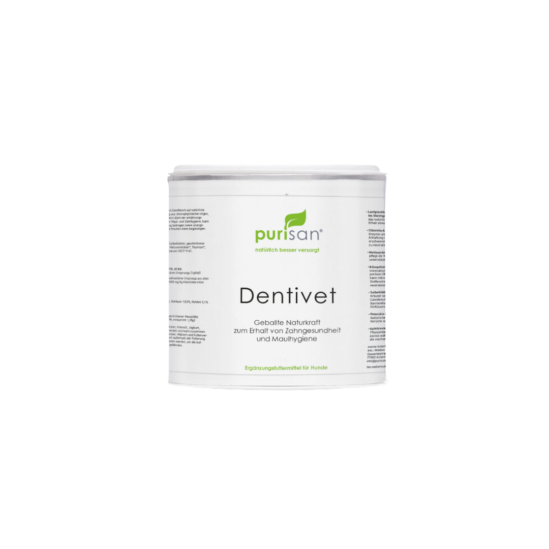 Weißer Kunststoffbehälter mit grünem Logo und der Aufschrift 'purisan Dentivet' als Ergänzungsfuttermittel für Hunde