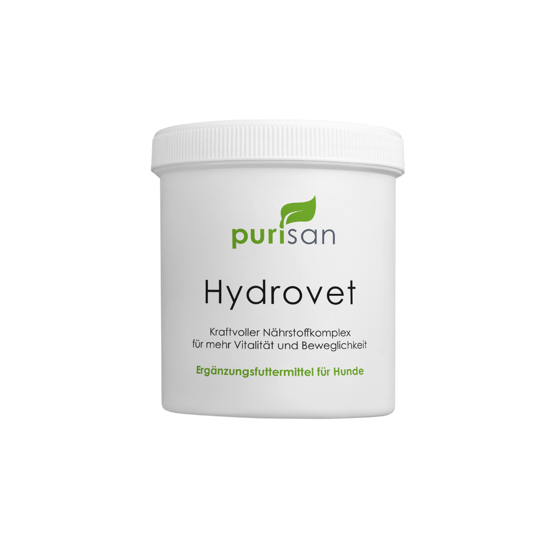 Weißer Kunststoffbehälter mit Schraubdeckel, Aufschrift 'purisan Hydrovet' und Text zu Nahrungsergänzung für Hunde.