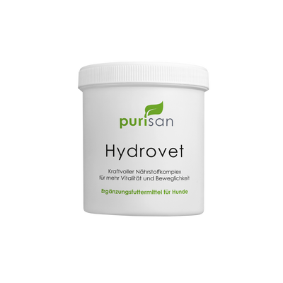 Weißer Kunststoffbehälter mit Schraubdeckel, Aufschrift 'purisan Hydrovet' und Text zu Nahrungsergänzung für Hunde.