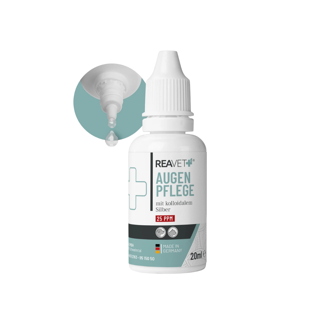 Weiße Kunststoffflasche mit Tropfspitze, beschriftet mit 'REAVET AUGEN PFLEGE mit kolloidalem Silber 25 PPM', 20 ml, hergestellt in Deutschland.