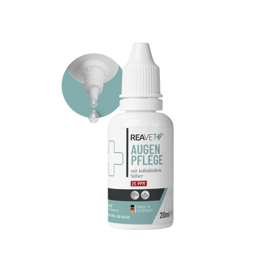 Weiße Kunststoffflasche mit Tropfspitze, beschriftet mit 'REAVET AUGEN PFLEGE mit kolloidalem Silber 25 PPM', 20 ml, hergestellt in Deutschland.