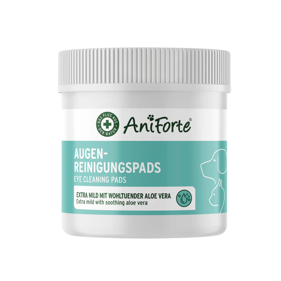 Weißer Behälter mit türkisfarbenem Etikett mit Augenreinigungspads für Hunde, Marke AniForte. Aufschrift: 'AUGEN-REINIGUNGSPADS' und 'EXTRA MILD MIT WOHLTUENDER ALOE VERA