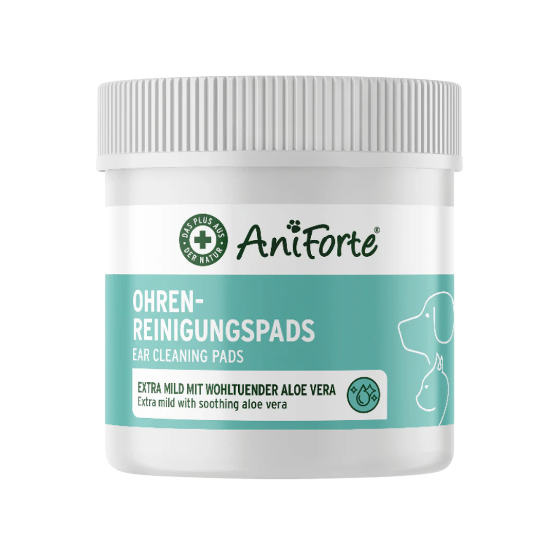 Runder Behälter mit Deckel, beschriftet mit 'AniForte Ohren-Reinigungspads', enthält 100 Reinigungspads für Hunde, mit Aloe Vera.