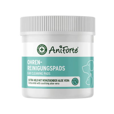 Runder Behälter mit Deckel, beschriftet mit 'AniForte Ohren-Reinigungspads', enthält 100 Reinigungspads für Hunde, mit Aloe Vera.