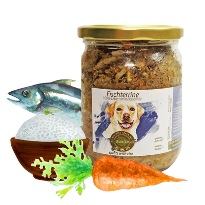 Ein Glas Fischterrine mit goldfarbenem Deckel, daneben ein Fisch, eine Schale mit Reis, ein Stück Karotte und ein grünes Blatt.