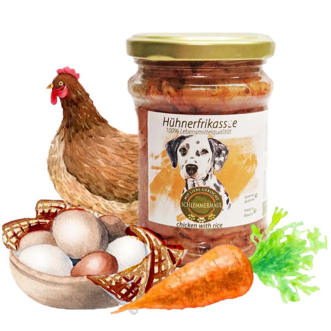 Ein Glas Hühnerfrikassee mit Etikett, eine braune Henne, ein Korb mit Eiern, eine Karotte und ein grünes Blatt Gemüse.