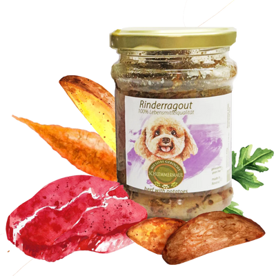 Glas mit Rinderragout, umgeben von Kartoffelspalten, einem Stück rohem Rindfleisch und einem grünen Blatt.